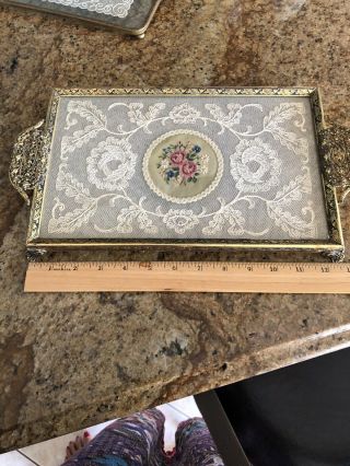 Vintage Brass Footed Dresser Vanity Tray With Lace And Flowered Center