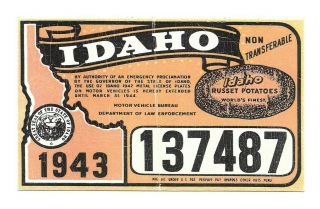 Idaho 1943 Windshield Validation Decal License Plate