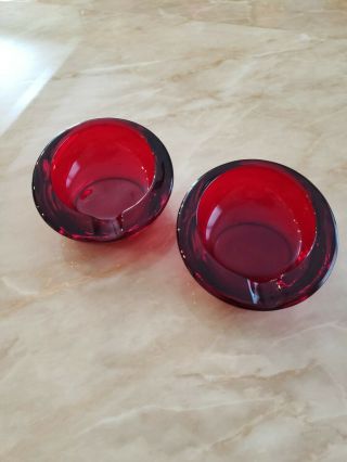 Ruby Red Viking Mid Century Modern Elliptical Glass Party Ashtrays Set Of 2