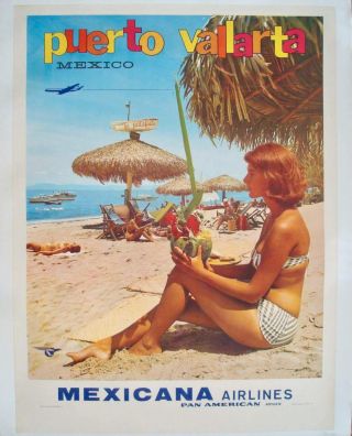 Mexicana Airlines Pan Am Puerto Vallarta Vintage Travel Poster 1963 Nm Linen