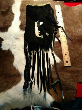 Native American Styled Buckskin Bag,  W/jaw With Teeth,  Beads,  Cones