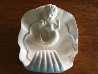 Vintage Inarco Ceramic Mermaid Shell Wall Pocket Plaque All White