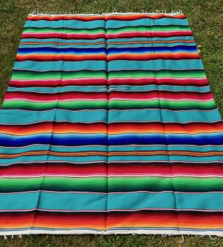 Vtg Mexican Falsa Saltillo Serape Beach Yoga Blanket Rainbow Southwestern 62x85