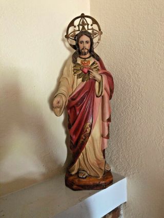 Vintage Hand Carved Wood/ Painted Sacred Heart Of Jesus 21 1/2 " Statue Figurine