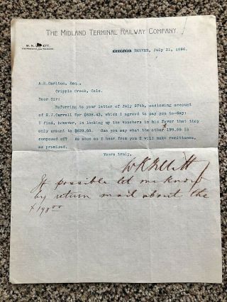 1896 Midland Terminal Railway Company Colorado Letter Of Overpayment