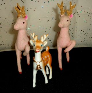 Vintage Reindeer - 2 Pink Flocked W/gold Glitter - 1 - With Bell & Movable Head - 6 " - 4 "