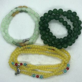 3 Chinese Green & Yellow Jade Or Stone Bead Necklaces Jewelry Nephrite Asian