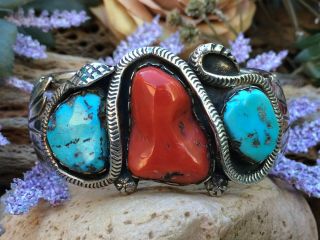 Rare Giant Zuni Turquoise Coral Snake Cuff Bracelet Large Piece Of Coral Wow