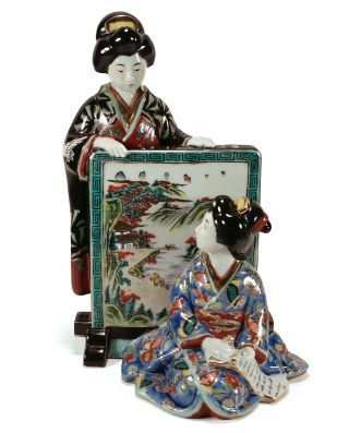 Vintage Japanese Kutani Porcelain Two Geisha Women Statue Figurine Japan