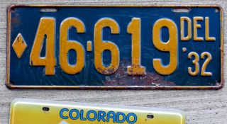 1932 Yellow On Blue Delaware License Plate