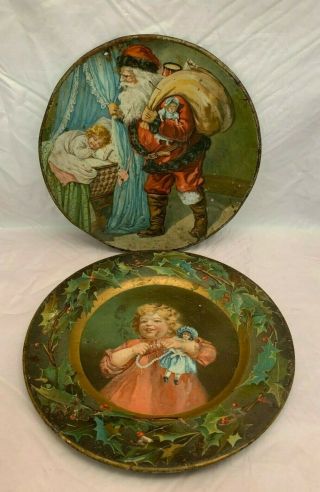 Cd Kenny Pair Antique Xmas Tin Plates - Santa Claus & Little Girl W/ Doll 1900s