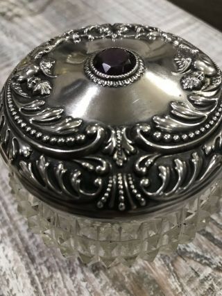 Sterling Silver Cut Crystal Rouge Jar Antique Art Nouveau.  Lady.  F & B Amethyst