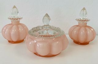 Vintage Fenton Art Glass Pink Overlay 6 Piece Melon Vanity Perfume Set 1943 - 1945
