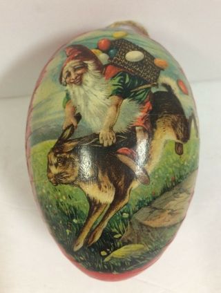 Vintage Germany Paper Mache Egg Candy Container Gnome Riding Rabbit Ornament