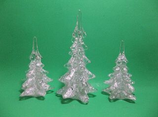 Vintage Art Glass Christmas Trees Crystal Clear White Snow Set Of 3