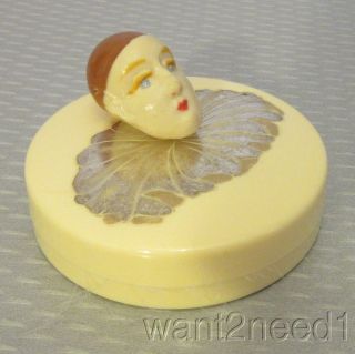 20s Art Deco French Celluloid Powder Box Pierrot Clown Head Made In France