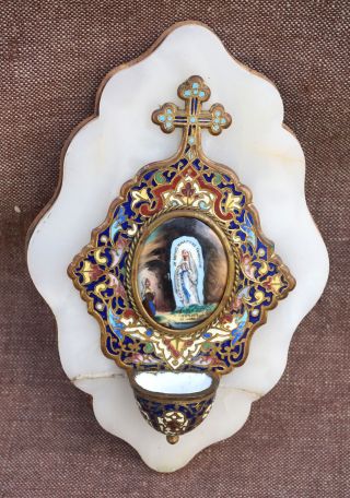 French Cloisonne Our Lady Of Lourdes Virgin Mary Holy Water Font Limoges 1880