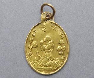 French,  Antique Religious Gold Pendant.  Bruno Of Cologne.  Miraculous Medal.