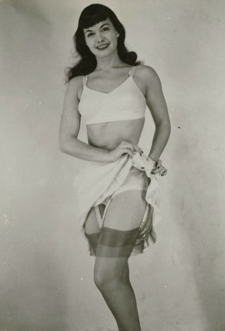 Vintage 50s Pin - Up Icon Bettie Page Flirty White Lingerie & Stockings Photograph 2
