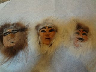Three Small Alaska Eskimo Leather Fur Masks One Signed