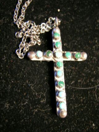 Vintage Native American Double Sided Turquoise Sterling Cross Chain