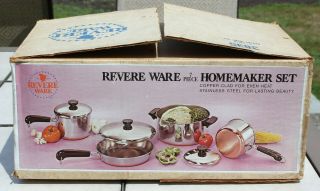 7 Piece Vintage Revere Ware 1801 Copper Set Nos Orig Box Skillet Pot Dutch Oven