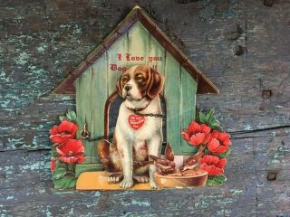 Germany Victorian Antique Pop - Up Die Cut I Love You Dog - On Well Dog House Birds