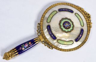 Antique Hand Mirror - Mother Of Pearl W/ Floral Enamel & Gilt Metal Filigree