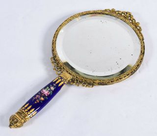 Antique Hand Mirror - Mother of Pearl w/ Floral Enamel & Gilt Metal Filigree 2