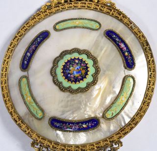 Antique Hand Mirror - Mother of Pearl w/ Floral Enamel & Gilt Metal Filigree 3