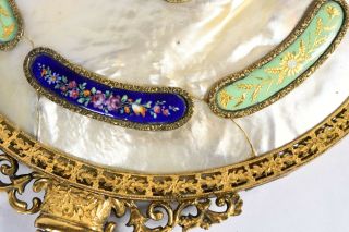 Antique Hand Mirror - Mother of Pearl w/ Floral Enamel & Gilt Metal Filigree 5