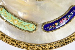 Antique Hand Mirror - Mother of Pearl w/ Floral Enamel & Gilt Metal Filigree 6