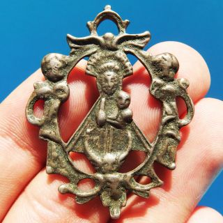 Large Blessed Virgin Mary Silver Medal Old 18th Century Our Lady Of Nieva Charm