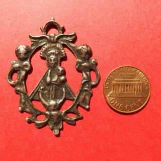 LARGE BLESSED VIRGIN MARY SILVER MEDAL OLD 18TH CENTURY OUR LADY OF NIEVA CHARM 4