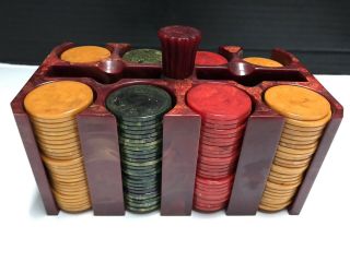 Vintage Oxblood Red Catalin / Bakelite Poker Chip Set Caddy Holder 194 Chips