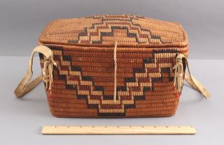 Antique Western Salish Native American Indian Covered Basket & Rawhide Straps 2
