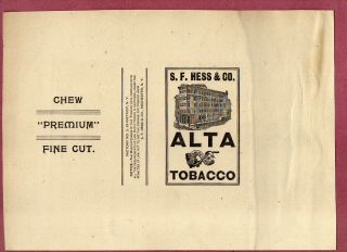 Rare Very Old Cigarette Tobacco Label Hess & Co Rochester N.  Y.  Alta 819
