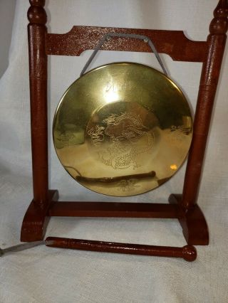 Vintage And Refinished Chinese Brass Gong And Mallet On Wood Stand Chime