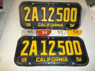 1951 - 52 - 53 - 54 - 55 California Car License Plate Pair,  2a 12 500