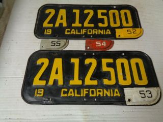 1951 - 52 - 53 - 54 - 55 California CAR license Plate pair,  2A 12 500 2
