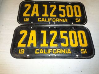 1951 - 52 - 53 - 54 - 55 California CAR license Plate pair,  2A 12 500 3