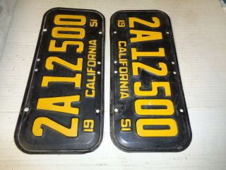 1951 - 52 - 53 - 54 - 55 California CAR license Plate pair,  2A 12 500 7