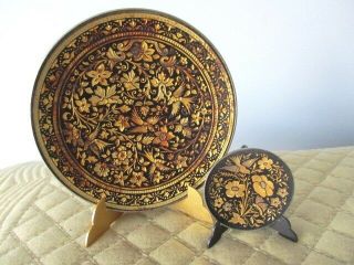 Two 24k Gold Etched Toledo Spain Damasquinado Metal Disks Plates Trays W/ Easels