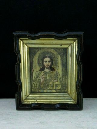 Antique 19th Russian Hand Painted Wooden Icon Of Jesus Christ,  Wooden Kiot.