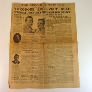 1919 Theodore Roosevelt Death Bismarck Tribune Newspaper - North Dakota
