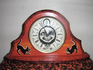 Ooak Hand - Painted Halloween Wood Mantle Clock Ghost Cats Witch Moon Sta