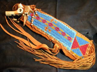 Native American Beaded Leather Bag With Peace Pipe
