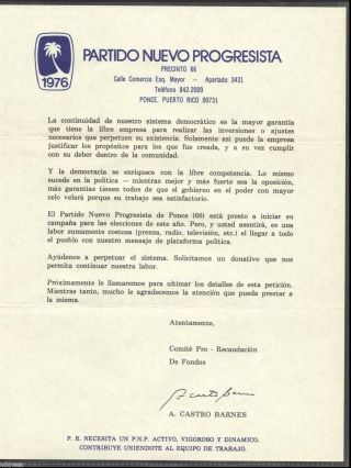 Vintage Letter & Envelope / Partido Nuevo Progresista / Ponce Puerto Rico / 1976