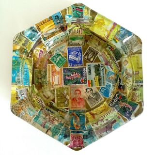 Vtg Mid Century Hand Decoupage African Postage Stamps Folk Art Glass Ashtray