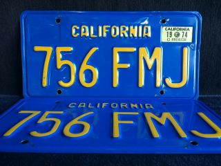California License Plates 756 Fmj 1974 Pair Year Of Manufacture Dmv Clear Set